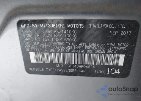 2018 Mitsubishi Mirage G4 Es z USA, uszkodzony, nr VIN ML32F3FJ4JHF04634